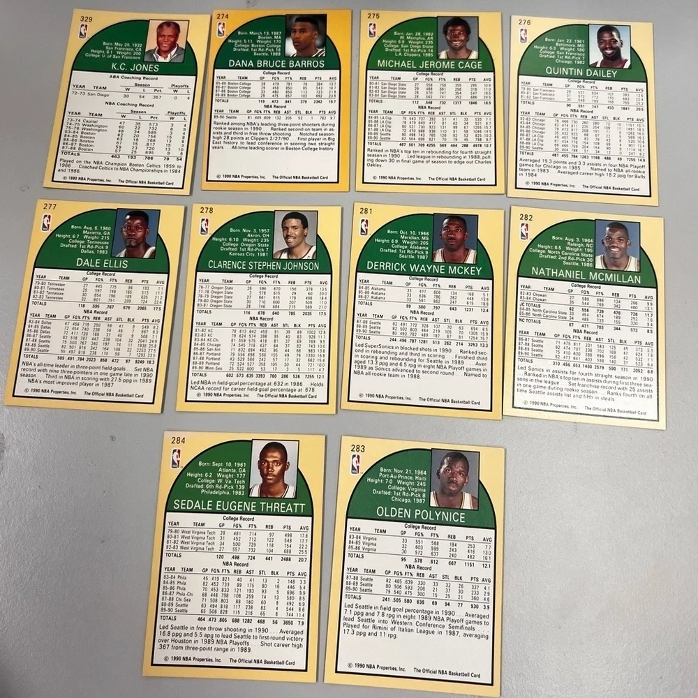 Vintage NBA Hoops Seattle Super Sonics Player Lot 1990-91 Basketball Cards